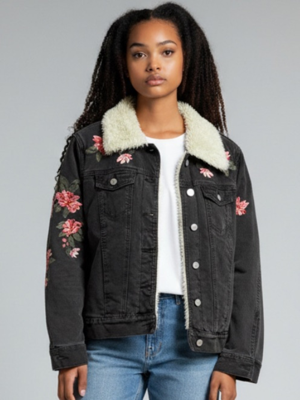 PacSun Black Denim Jacket with Pink Floral Embroidery and Cream Sherpa Collar